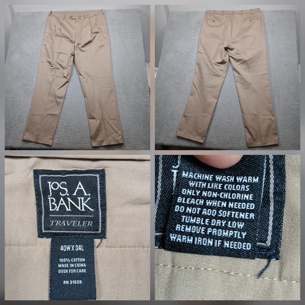 Jos A Bank Traveler Chino Pants Men 40x34 Tan Cotton Wrinkle-Resistant